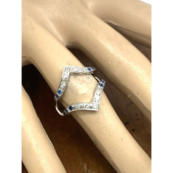 Engagement Ring Guard 14k White Gold Diamond Blue Gemstone Wedding Band Size 5.5 - Picture 5 of 15
